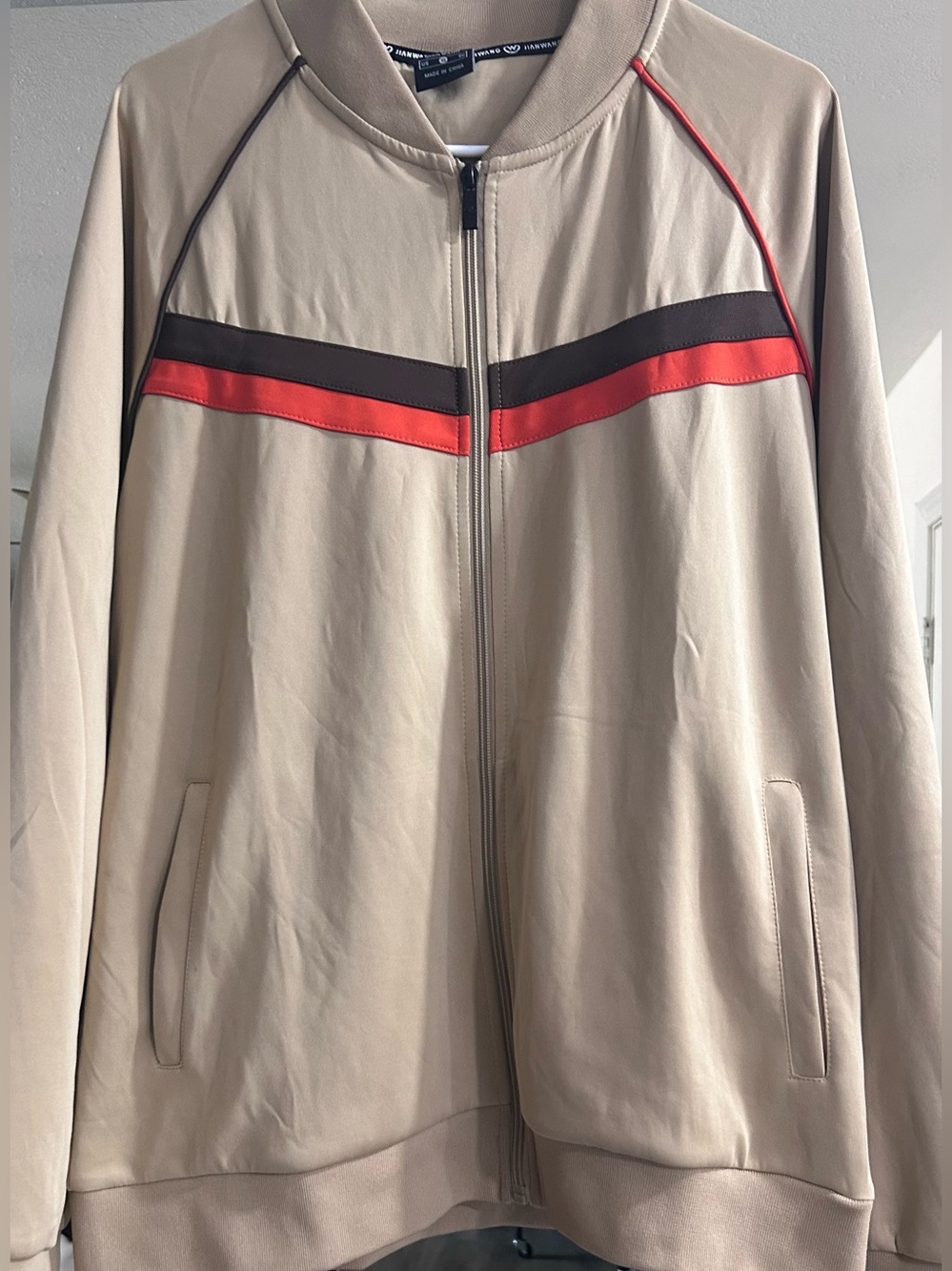 Jian Wang Retro Stripe Track Jacket Full Zip Tan Brown Red Size XL 95% Poly